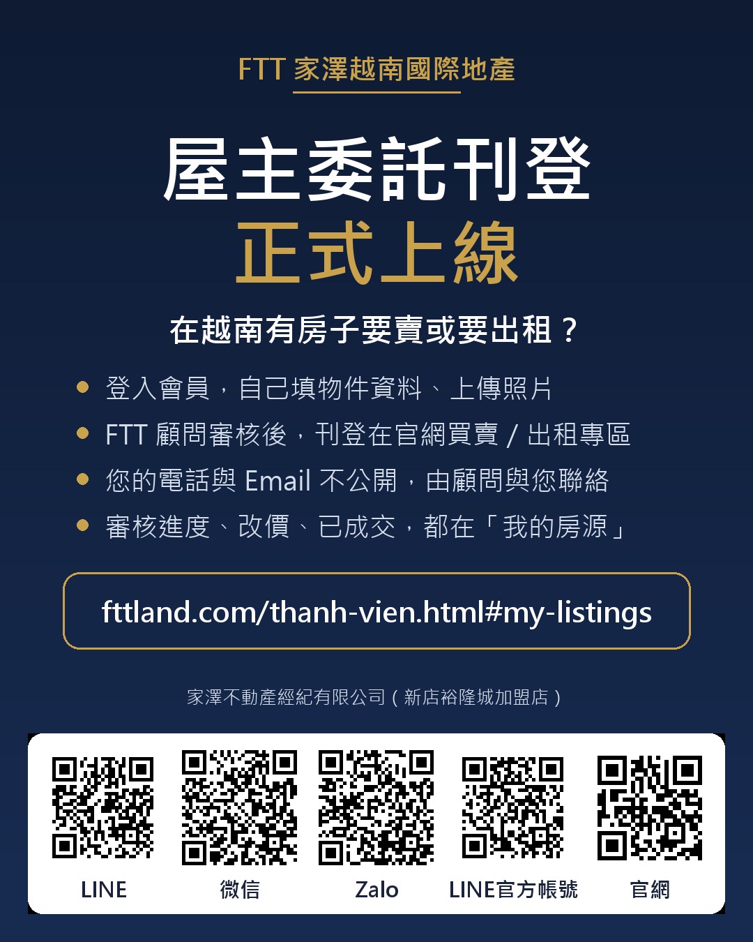 屋主委託刊登正式上線：登入會員填寫物件資料、上傳照片，FTT 顧問審核後刊登在官網買賣／出租專區