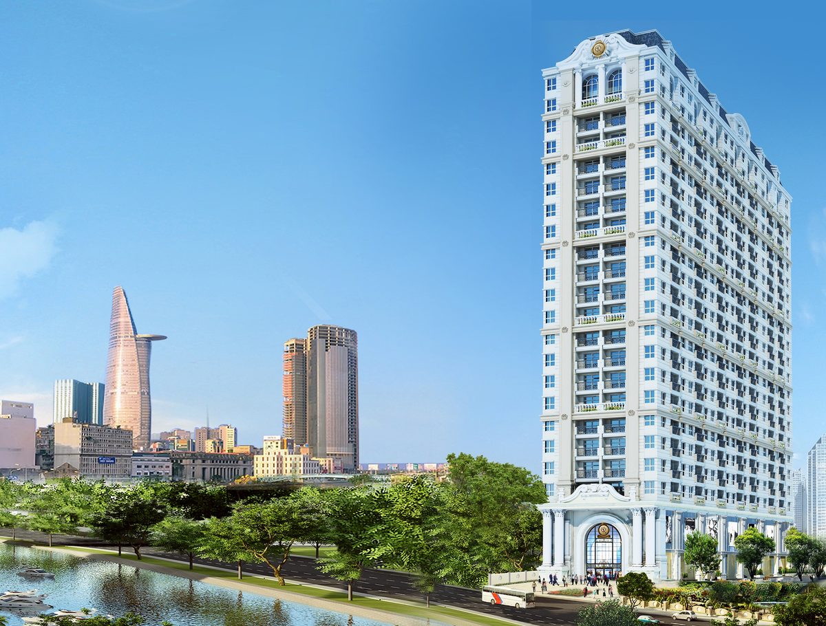 Grand Riverside 분양 프로젝트 외관 투시도 (단일 동 22층)