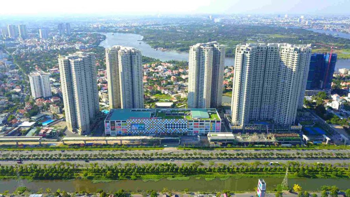 Masteri Thảo Điền 분양 프로젝트 항공 실사 (앞은 하노이 고속도로와 지하철 1호선)